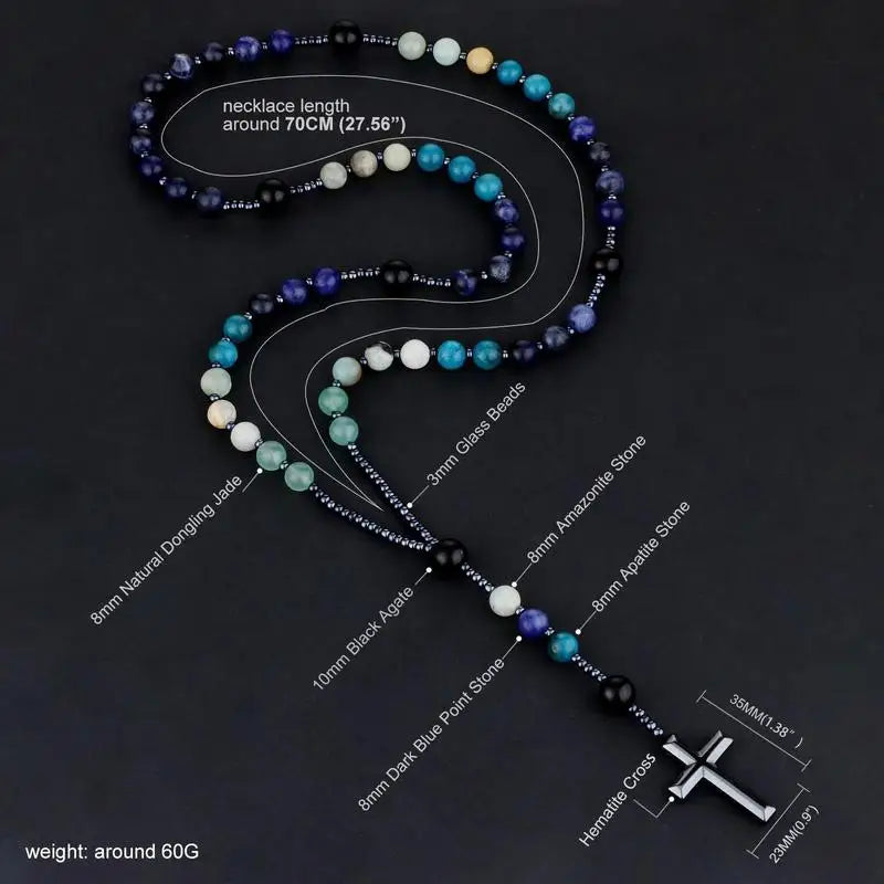 Natural Stone Rosary Necklace – Amazonite & Hematite Cross Gemstone Bead Necklace Babs