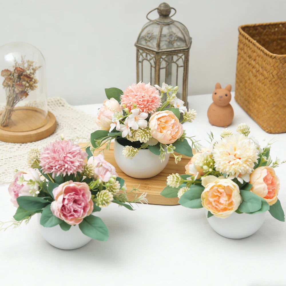 Artificial Peony Bonsai Silk Flowers Potted – Wedding Home Decor Artificial Potted Flowers Babs