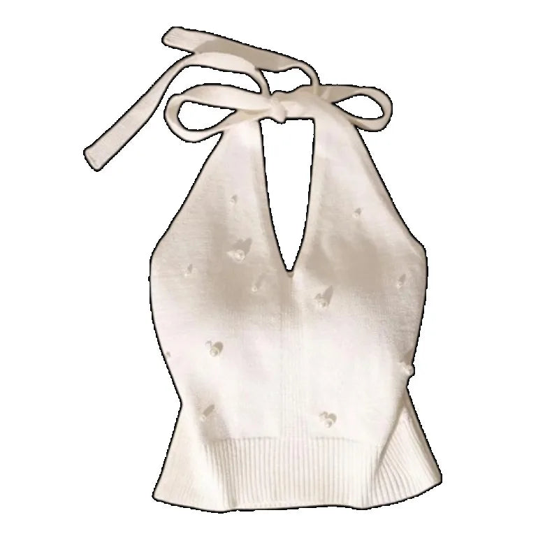 Pearl Beaded Halter Crop Top | Spaghetti Strap Cami Halter Crop Top Babs