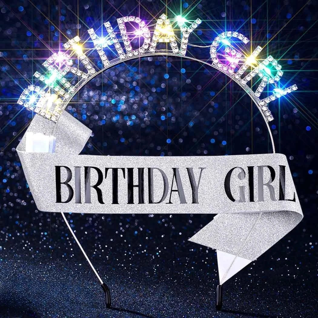 Light Up Birthday Crown & Sash Set – LED Rhinestone Headband Party Crown Sash Set Babs Silver