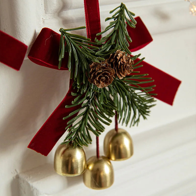 Christmas Jingle Bell Hanger – Velvet Bow & Pine Cone Décor Christmas Door Hanger Babs