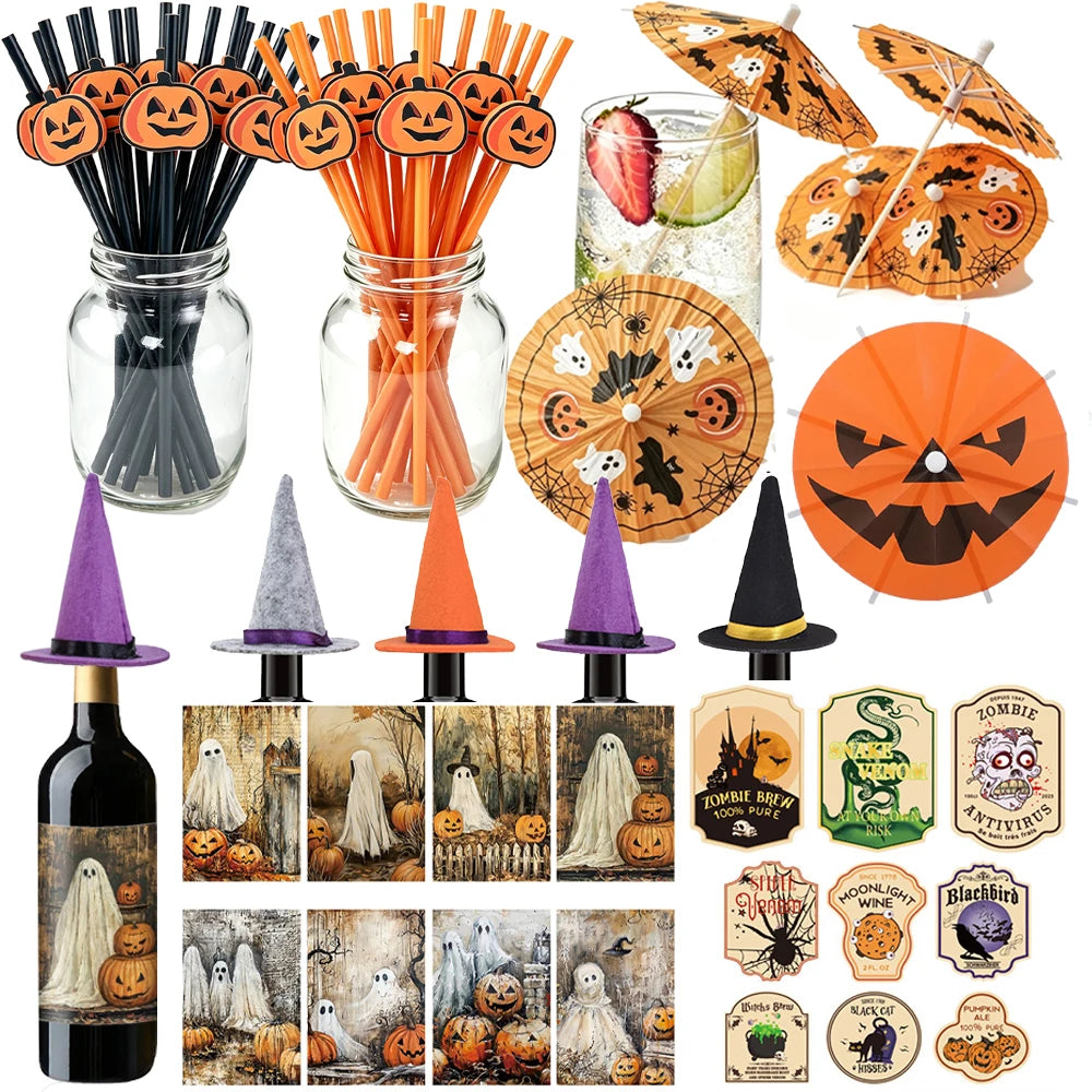 Halloween Cocktail Straws, Witch Hat & Bottle Label Party Decor Halloween Party Decor Babs