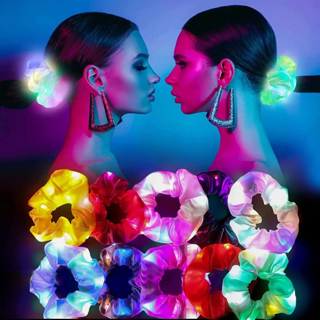 LED Light-Up Scrunchies – Satin Elastic Hair Bands for Parties LED Hair Scrunchies Babs