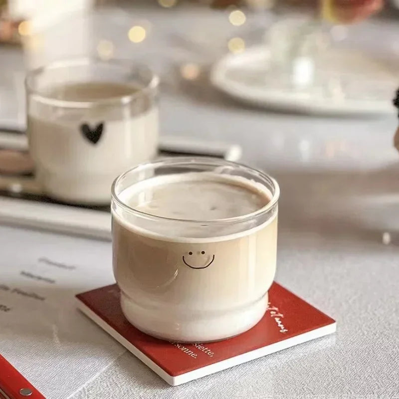 Cartoon Borosilicate Glass Cup – Cute Heart & Smile Print Glass Drinking Cup Babs