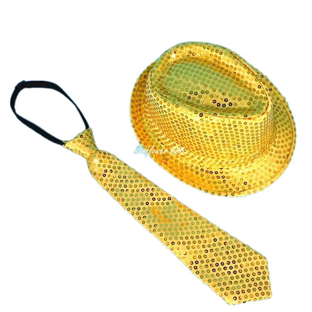 LED Light Up Sequin Jazz Hat & Tie Set | Party Costume LED Party Costume Set Babs light up yellow 1 Adult size