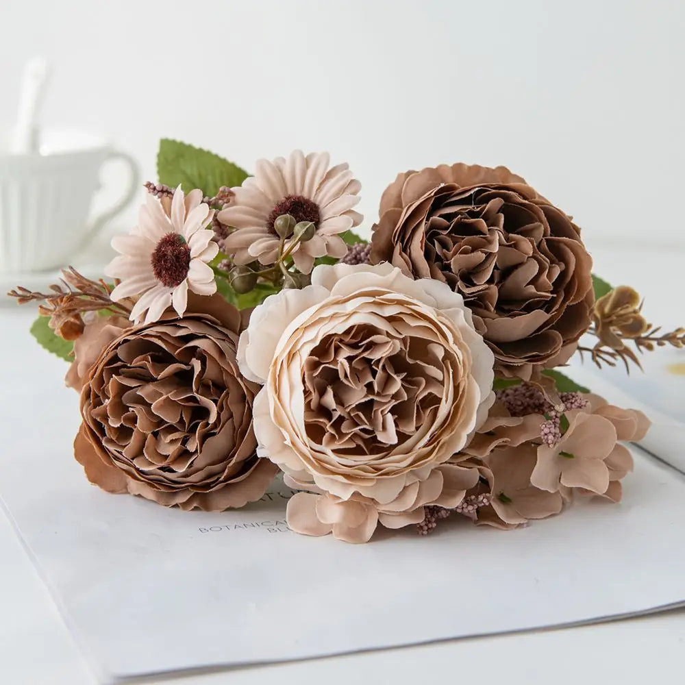Silk Persian Peony Artificial Flowers for Wedding & Home Decor Artificial Silk Flowers Babs Dark Khaki 4 pcs