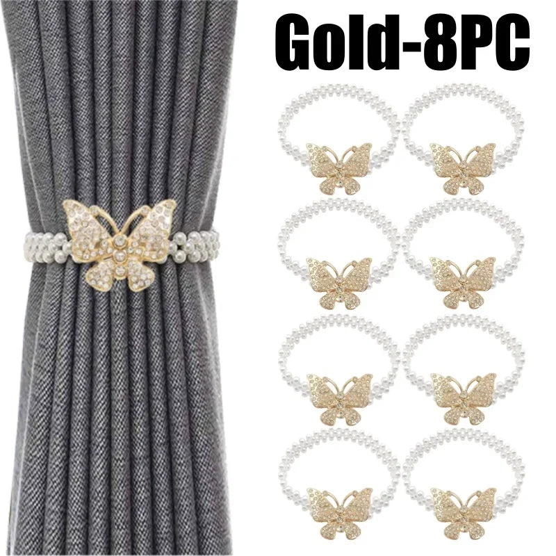 Bohemian Pearl Butterfly Curtain Tie Backs – Elastic Bow Clips Curtain Tie Backs Babs Gold-8PC