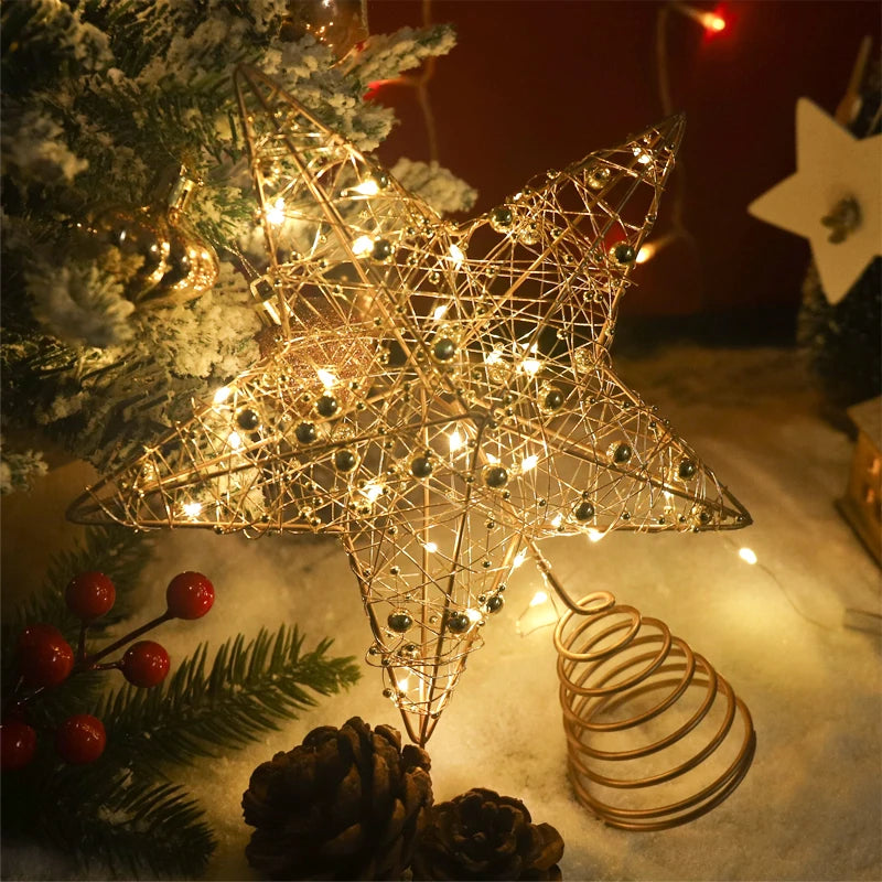 LED Star Tree Topper with Pearl Wire Lights – Gold & Silver Christmas Tree Topper Babs
