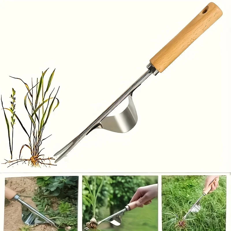 Ergonomic Stainless Steel Weed Remover with Wooden Handle Hand Weeding Tool Babs