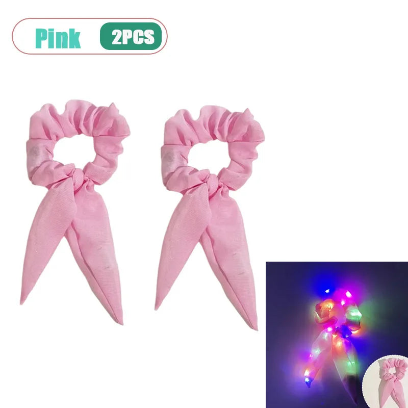 LED Light-Up Bow Scrunchie Glowing Hair Tie | Party Festival LED Hair Accessory Babs Pink-2pcs