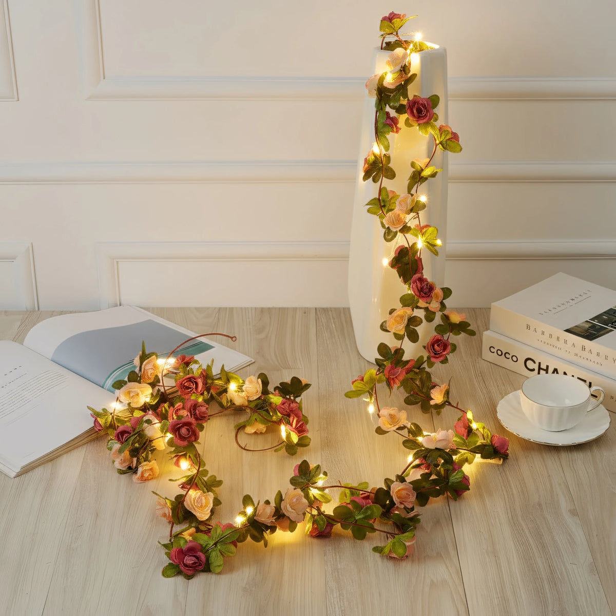 Artificial Rose Vine LED String Lights Hanging Garland Decor Floral LED Garland Babs Autumn Rose Button Battery
