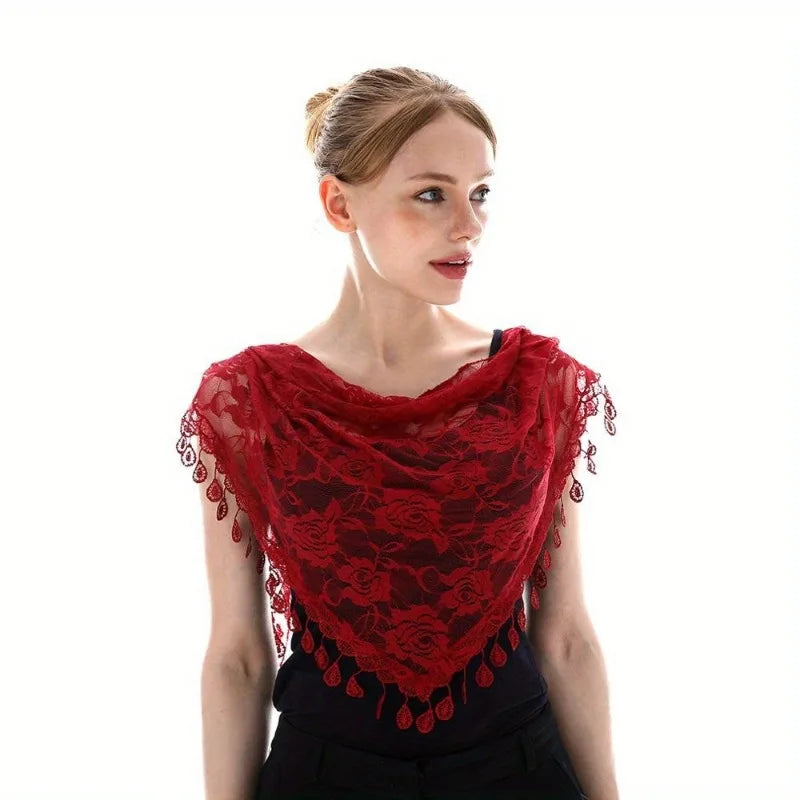 Embroidered Mantilla Lace Veil Church Prayer Shawl Scarf Lace Veil Shawl Babs Red