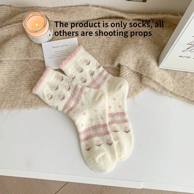 Women's Thick Pink Strawberry Cozy Home Socks – Soft & Warm Casual Cozy Socks Babs strawberry One Size
