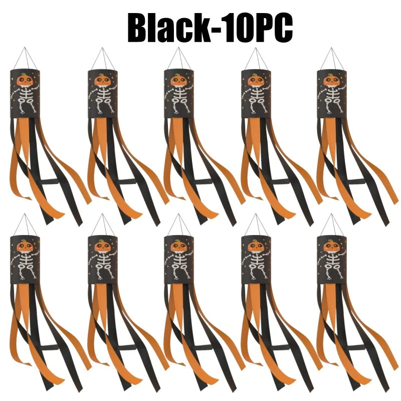 Halloween Windsock Flags – Ghost Pumpkin Skeleton Outdoor Decor Halloween Windsock Flag Babs Black-10PC