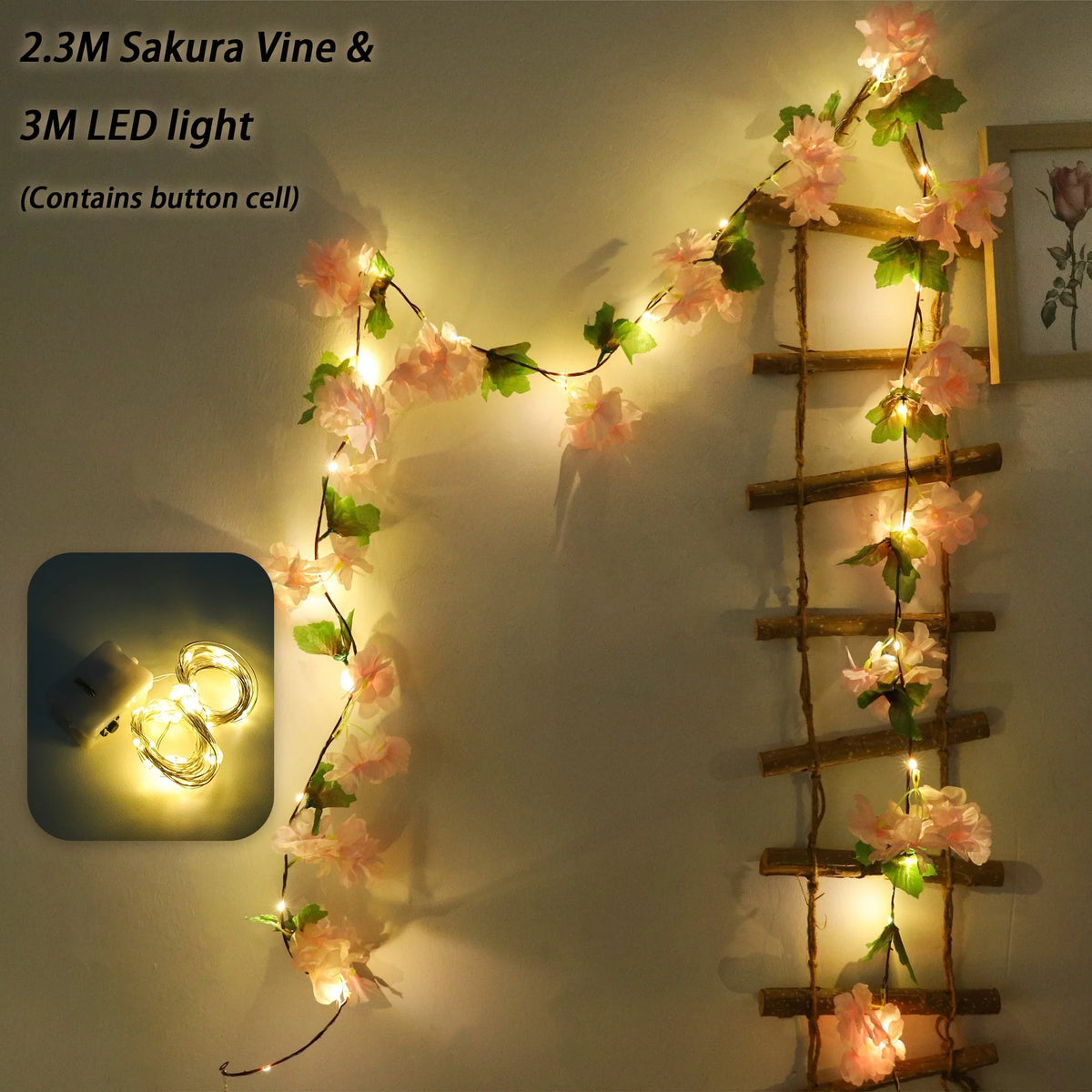 Cherry Blossom Vine LED Garland – Sakura Wedding Arch Decor Artificial Flower Garland Babs Light Pink 1PC