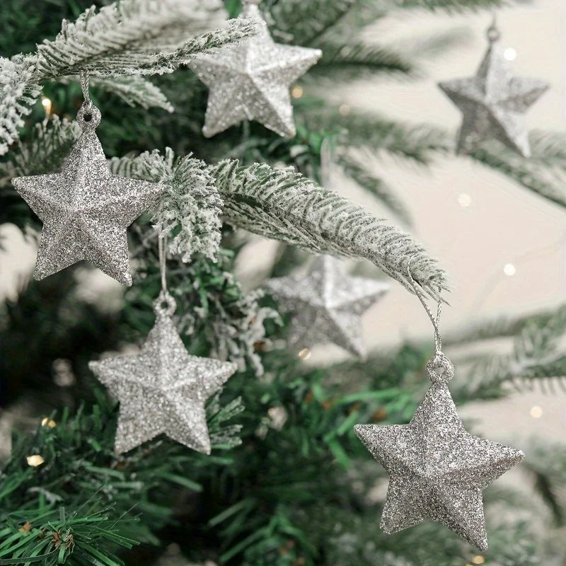 Christmas Tree Glitter Star Pendant Decorations – Festive Set Christmas Tree Ornament Babs Silvery