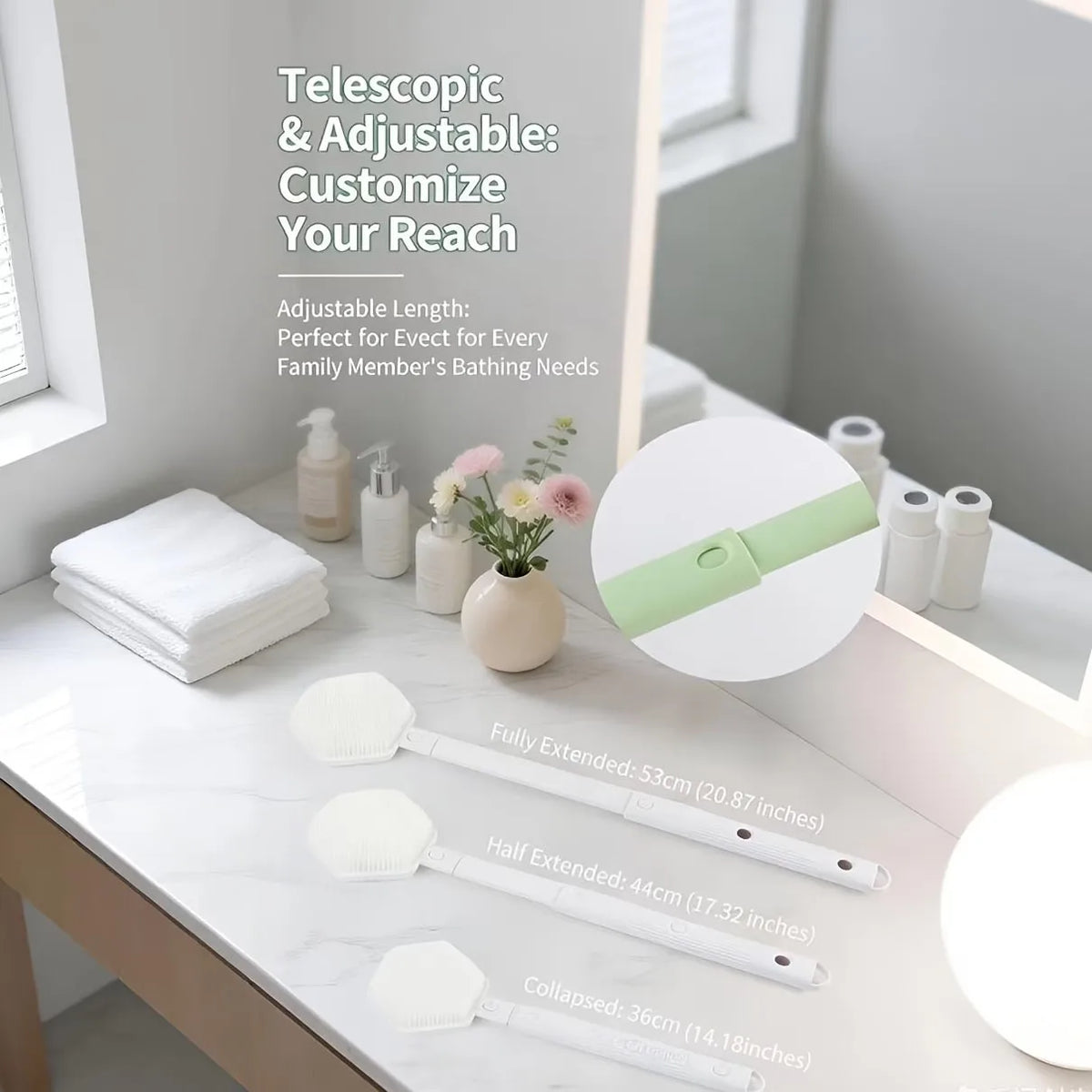 Double-Sided Shower Brush – Extendable Silicone Back Scrubber Bath Brush Babs