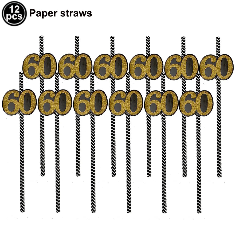 6pcs Black Gold 60th Birthday Water Bottle Labels & Stickers