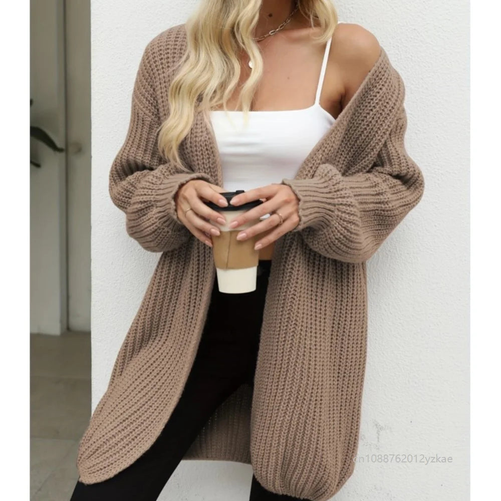 Women's Lantern Sleeve Thick-Knit Cardigan – Loose V-Neck Coat Knit Cardigan Sweater Babs