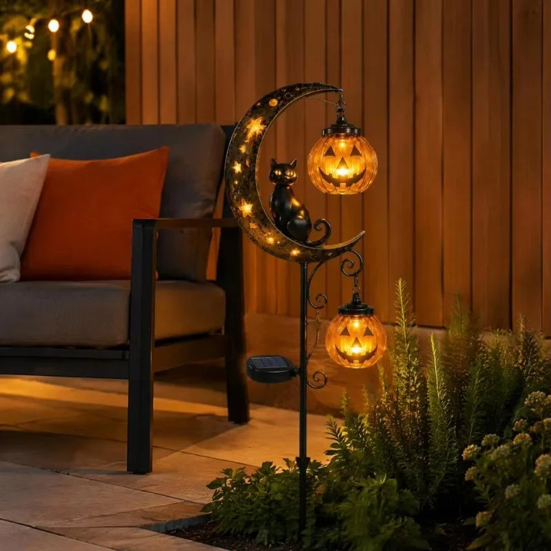 Solar Halloween Stake Lights – Black Cat & Pumpkin Moon Garden Solar Garden Stake Light Babs