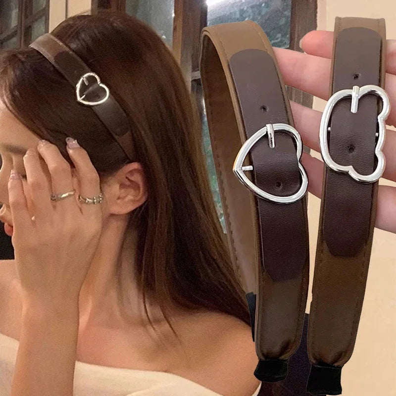 PU Leather Heart Buckle Headband for Women – Coffee Brown Leather Headband Babs