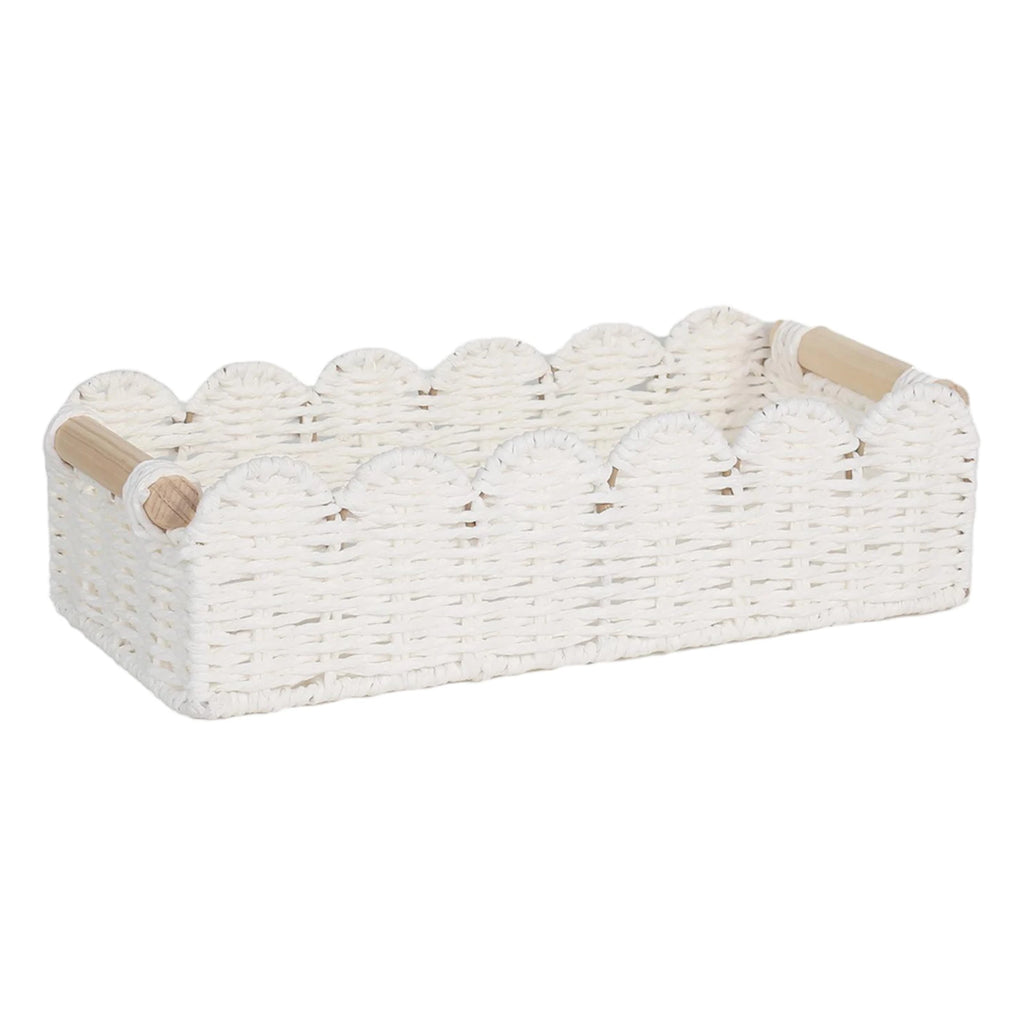 Scalloped Paper Rope Storage Basket with Wooden Handles Woven Storage Basket Babs White One Size