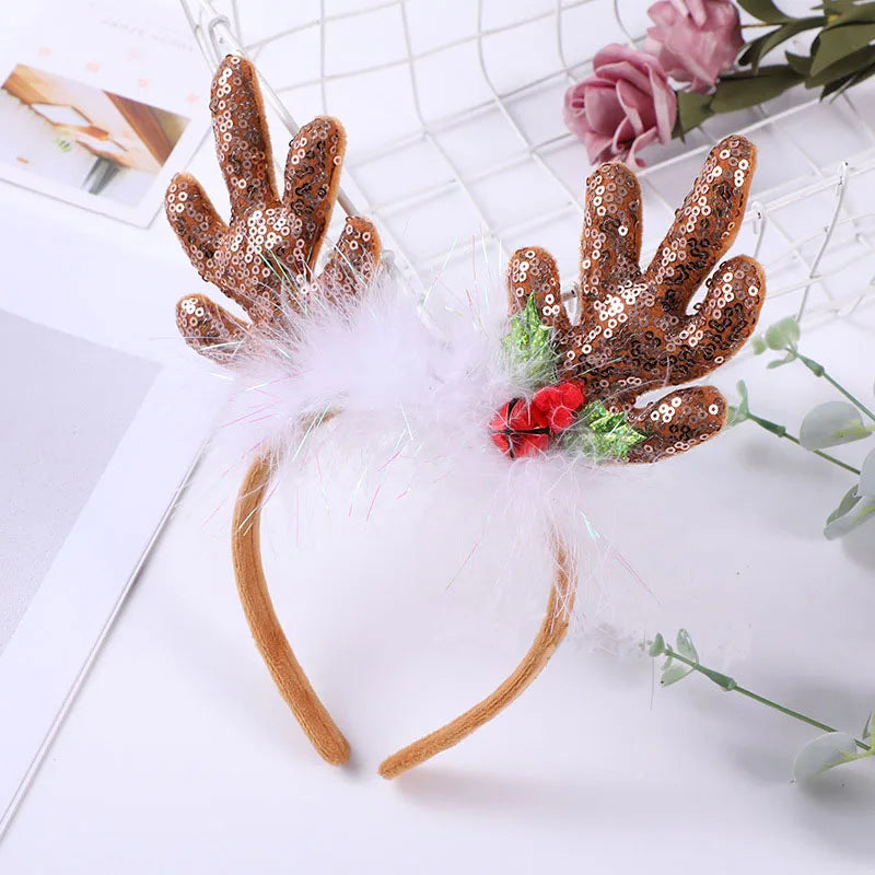 LED Reindeer Headband – Sequin Feather Bell Christmas Hairband LED Holiday Headband Babs