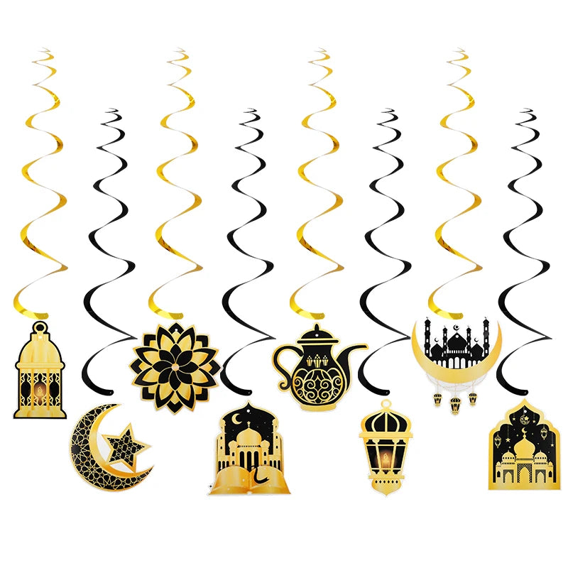 8pcs Eid Mubarak Gold Banner & Spiral Pendants Ramadan Decor Holiday Party Decorations Babs Black