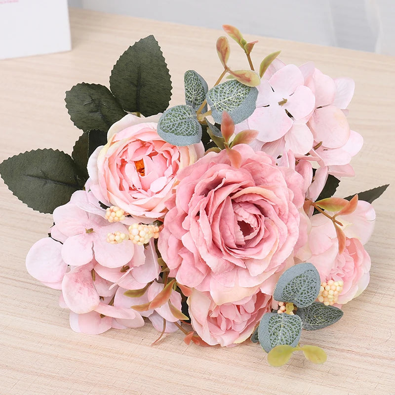 Silk Rose Bridal Bouquet – Artificial Hydrangea & Peony Flowers Artificial Flower Bouquet Babs Pink 1PC