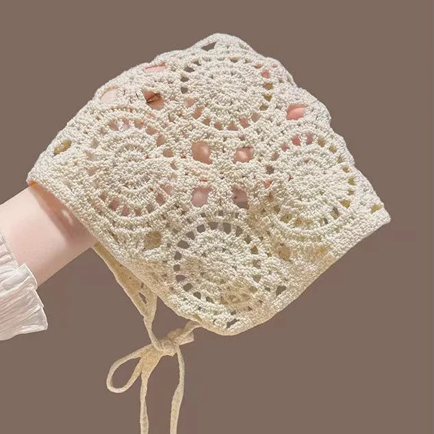Bohemian Crochet Headscarf – Hollow-Out Knit Tie-Back Bandana Crochet Hair Scarf Babs WHITE
