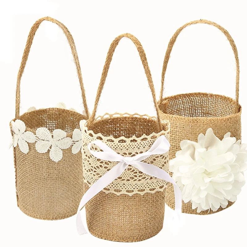Rustic Lace Linen Flower Basket – Wedding & Party Gift Bag Decorative Flower Basket Babs