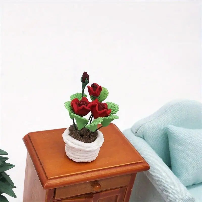 Miniature Red Rose Potted Plant – Resin Simulation Flower Decor Miniature Plant Decor Babs Red