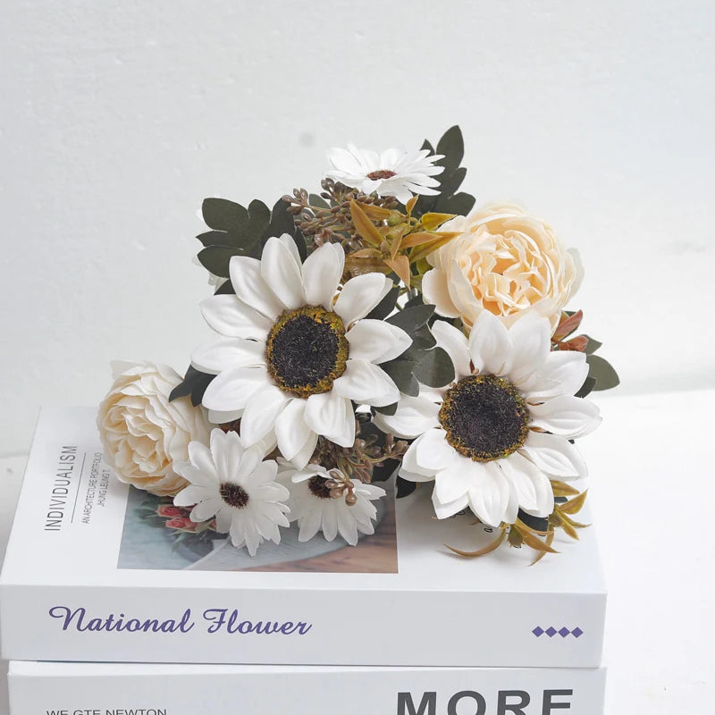 Silk Peony Sunflower Daisy Artificial Flowers – Home & Wedding Artificial Flower Stems Babs White 1 3PCS