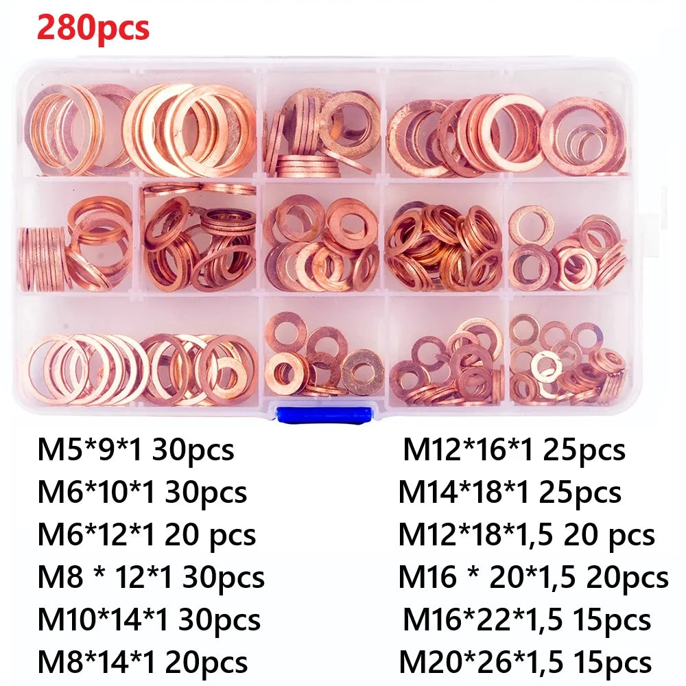 Copper Washer Gasket Set 50/100/120 Pcs Flat Ring Seal Kit Copper Washer Kit Babs 280pcs