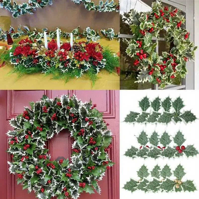 50pcs Artificial Holly Berries & Green Leaves – Christmas Decor Artificial Floral Picks Babs