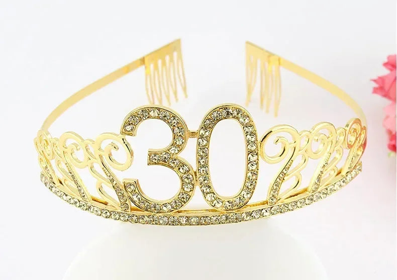 Rose Gold Satin Sash & Crystal Crown Tiara Set – Birthday Party Party Sash & Tiara Set Babs gold crown 30