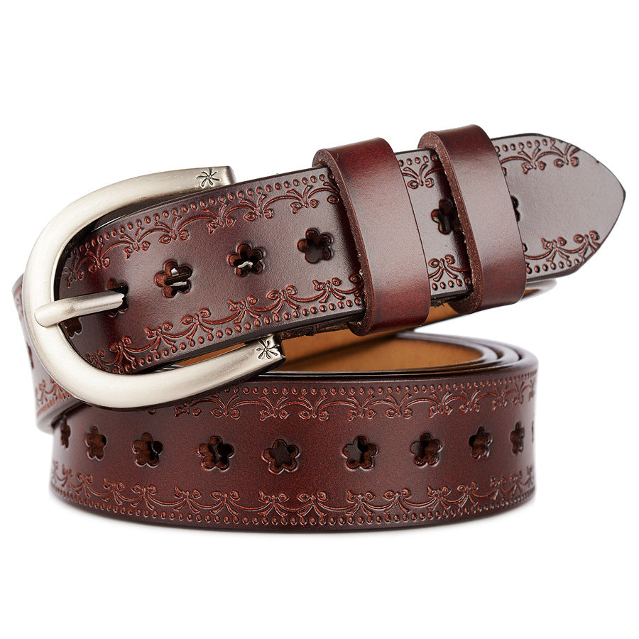 Women's Floral Genuine Cowhide Leather Belt | Alloy Buckle Women's Leather Belt Babs 105cm-115cm Coffee