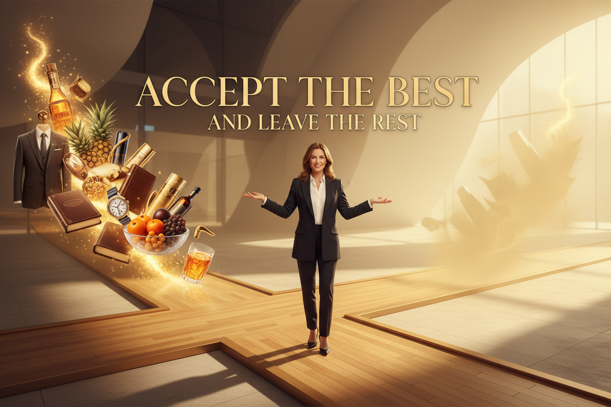 A woman in a black suit walks forward on a wooden platform in a grand interior, with the text 'ACCEPT THE BEST AND LEAVE THE REST' above her. To her left, a floating cluster of luxury items including a pineapple, bottles, books, a watch, and a drink glows with golden light.