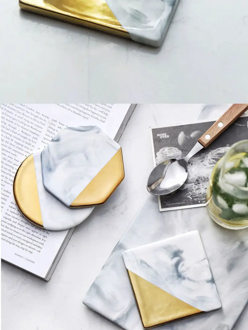 Marble Ceramic Coaster Set with Gold Geometric Design Decorative Coaster Set Babs