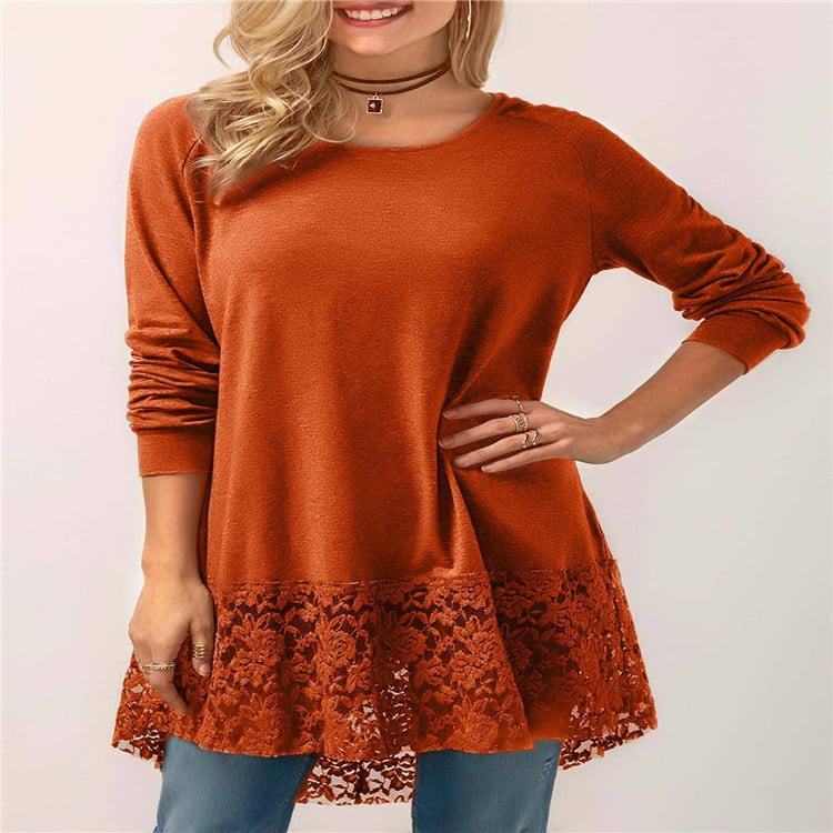 Lace Stitching Hooded Long-Sleeve T-Shirt | S–5XL | Babs Hooded Long-Sleeve Tee Babs Orange XL